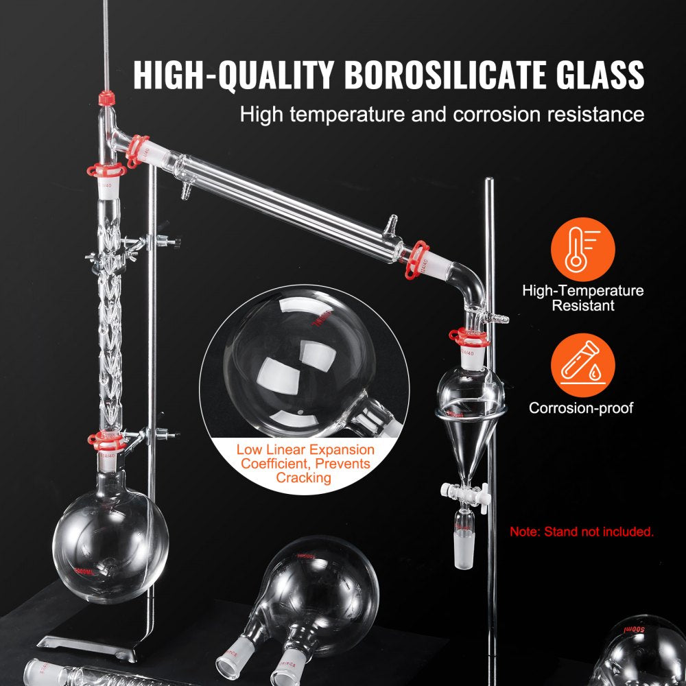 VEVOR Lab Distillation Kit, 3.3 Boro Lab Glassware Distillation Kit with 24, 40 Joint, 1000ml Essential Oil