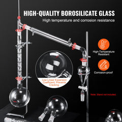 VEVOR Lab Distillation Kit, 3.3 Boro Lab Glassware Distillation Kit with 24, 40 Joint, 1000ml Essential Oil