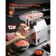 VEVOR Commercial Electric Meat Grinder, 7 lbs/min Capacity, #12 Industrial Meat Mincer with 2 Stainless Steel Blades, 2