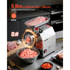 VEVOR Commercial Electric Meat Grinder, 5 lbs/min Capacity, #8 Industrial Meat Mincer with 2 Stainless Steel Blades, 2