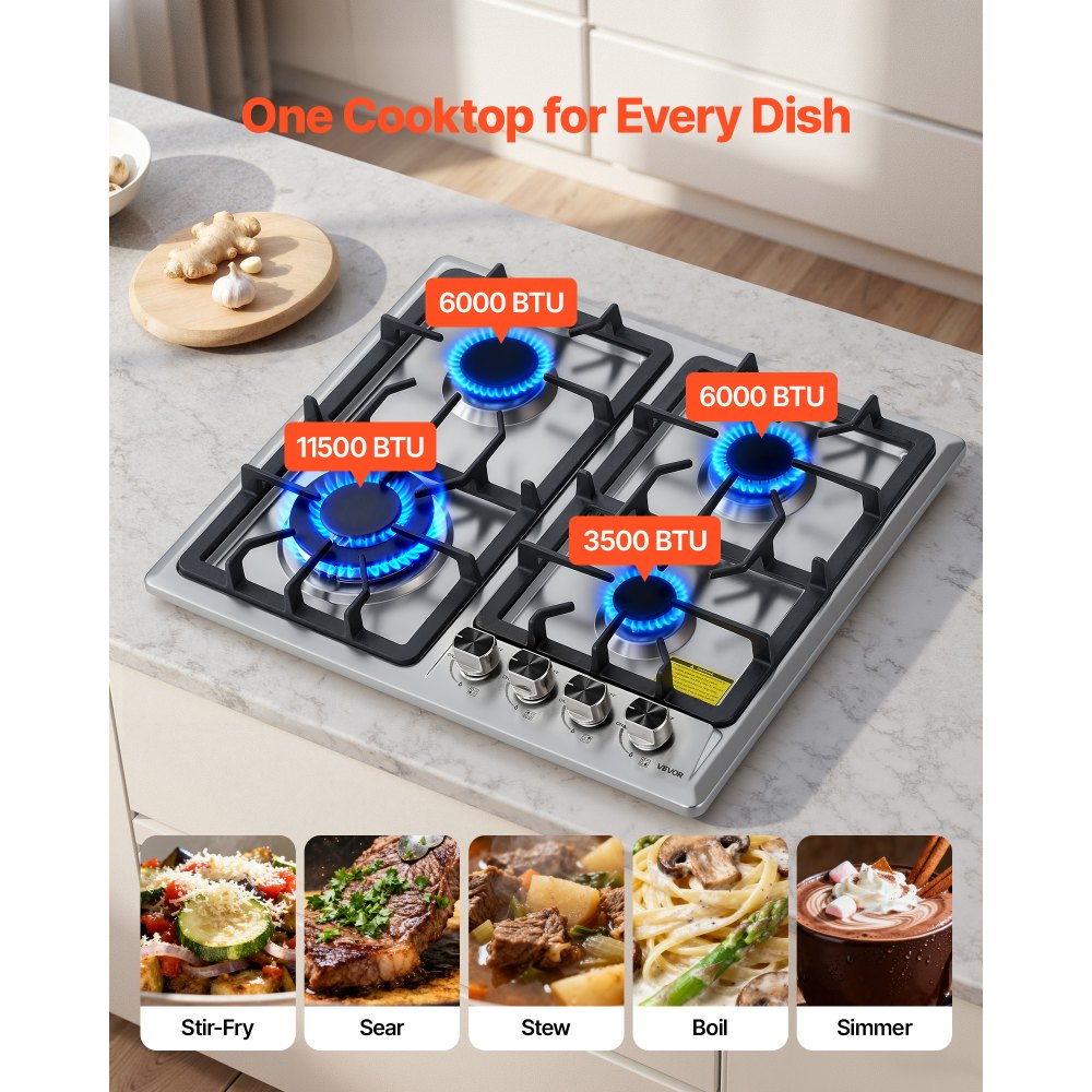 VEVOR 24 inch Gas Cooktop 4 Burners Gas Stove Top, Max 27000BTU Built-in Stainless Steel Stove Top LPG/NG Convertible