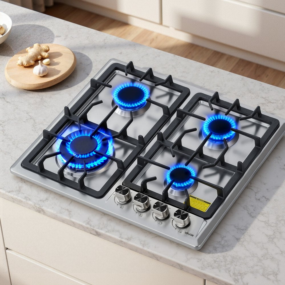 VEVOR 24 inch Gas Cooktop 4 Burners Gas Stove Top, Max 27000BTU Built-in Stainless Steel Stove Top LPG/NG Convertible