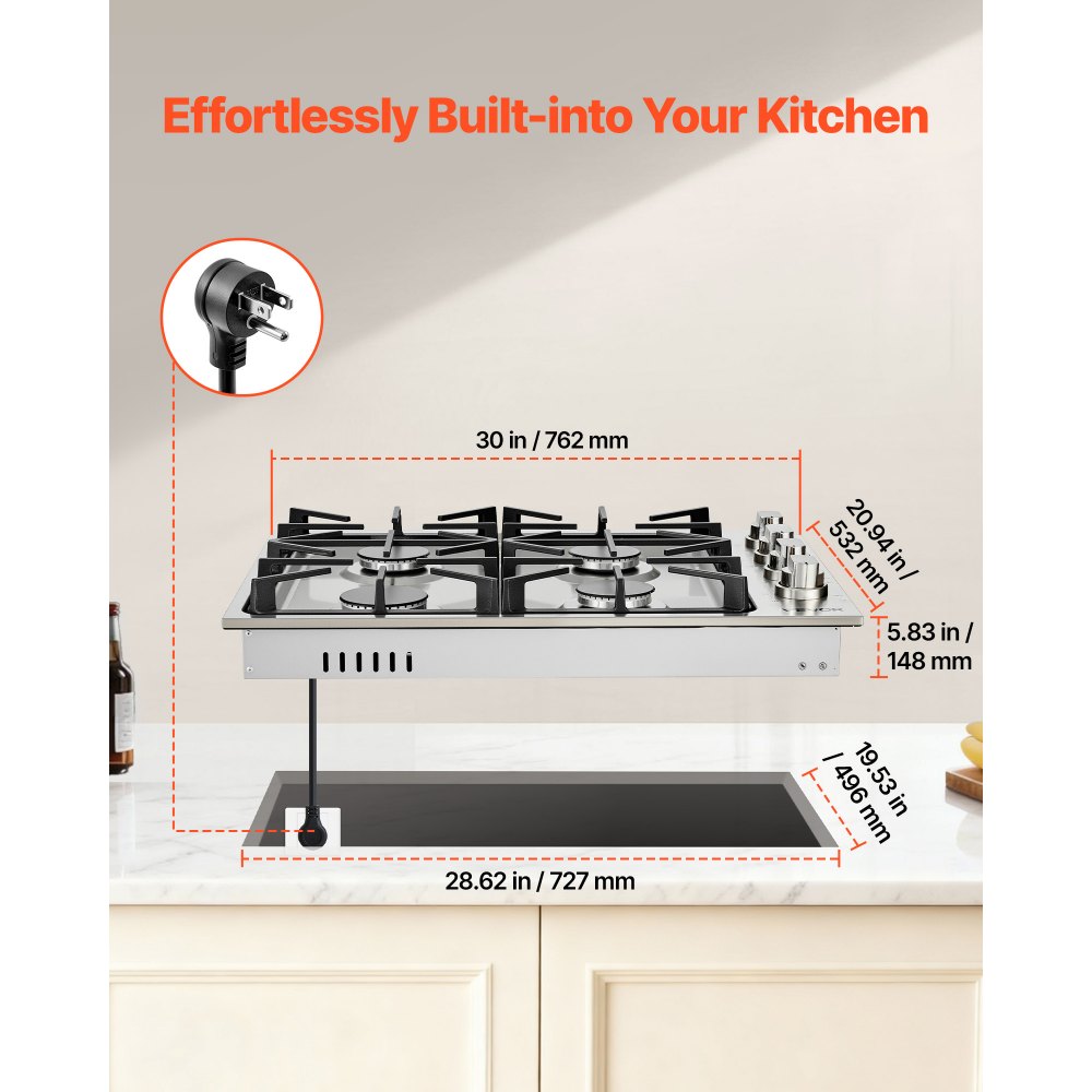 VEVOR Gas Cooktop, 30 inch 4 Burners Gas Stove Top, Max 48000BTU Built-in Stainless Steel Stove Top LPG/NG Convertible