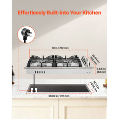 VEVOR Gas Cooktop, 30 inch 4 Burners Gas Stove Top, Max 48000BTU Built-in Stainless Steel Stove Top LPG/NG Convertible