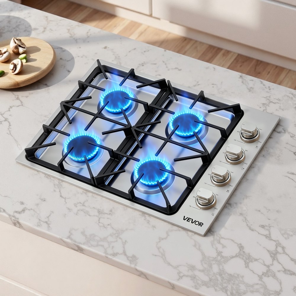 VEVOR Gas Cooktop, 30 inch 4 Burners Gas Stove Top, Max 48000BTU Built-in Stainless Steel Stove Top LPG/NG Convertible