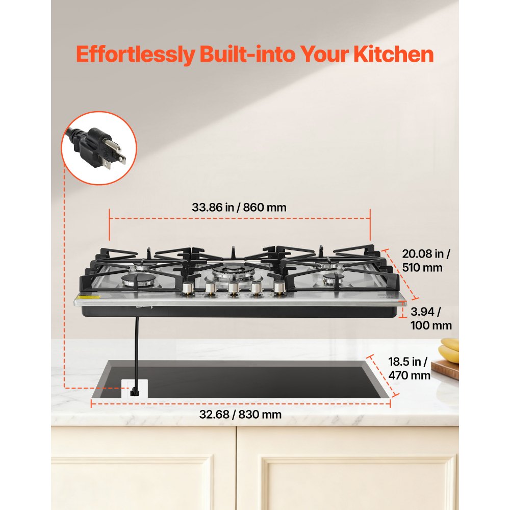 VEVOR 36 inch Gas Cooktop 5 Burners Gas Stove Top, Max 38300BTU Built-in Stainless Steel Stove Top LPG/NG Convertible