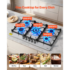VEVOR 36 inch Gas Cooktop 5 Burners Gas Stove Top, Max 38300BTU Built-in Stainless Steel Stove Top LPG/NG Convertible
