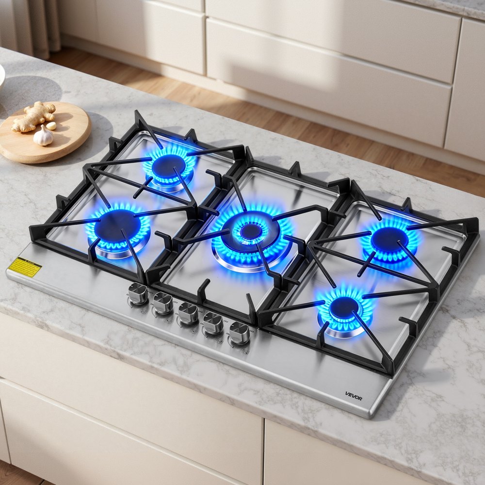 VEVOR 36 inch Gas Cooktop 5 Burners Gas Stove Top, Max 38300BTU Built-in Stainless Steel Stove Top LPG/NG Convertible