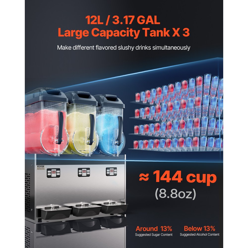 VEVOR Commercial Slushy Machine, 12Lx3 Triple Tank Frozen Drink Machine, 144 Cups Stainless Steel Margarita Smoothie