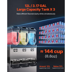 VEVOR Commercial Slushy Machine, 12Lx3 Triple Tank Frozen Drink Machine, 144 Cups Stainless Steel Margarita Smoothie