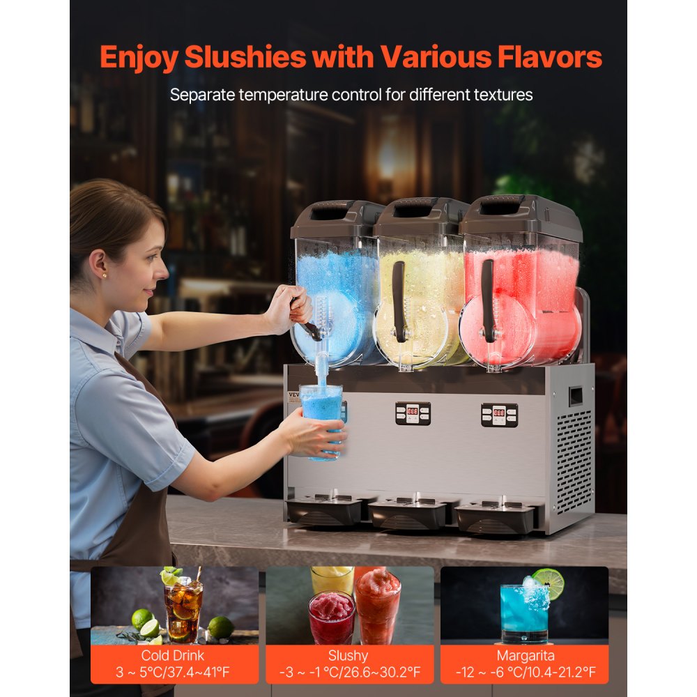 VEVOR Commercial Slushy Machine, 12Lx3 Triple Tank Frozen Drink Machine, 144 Cups Stainless Steel Margarita Smoothie