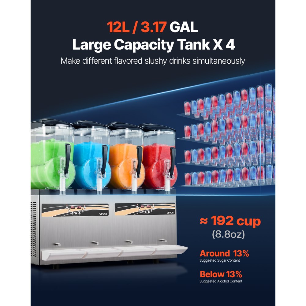 VEVOR Slushie Machine, 12L/3.17Gal x 4 Tank Commercial Slushy Maker, Frozen Drink Maker with Self-Cleaning, Margarita