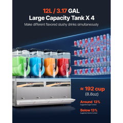 VEVOR Slushie Machine, 12L/3.17Gal x 4 Tank Commercial Slushy Maker, Frozen Drink Maker with Self-Cleaning, Margarita