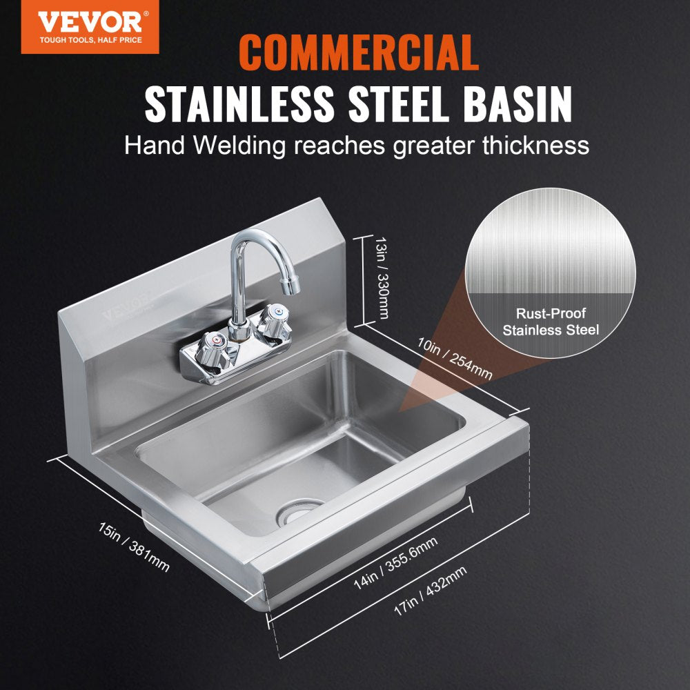 VEVOR Commercial Hand Sink with Faucet, Stainless Steel Sink for Washing, Small Hand Washing Sink, Wall Mount Hand