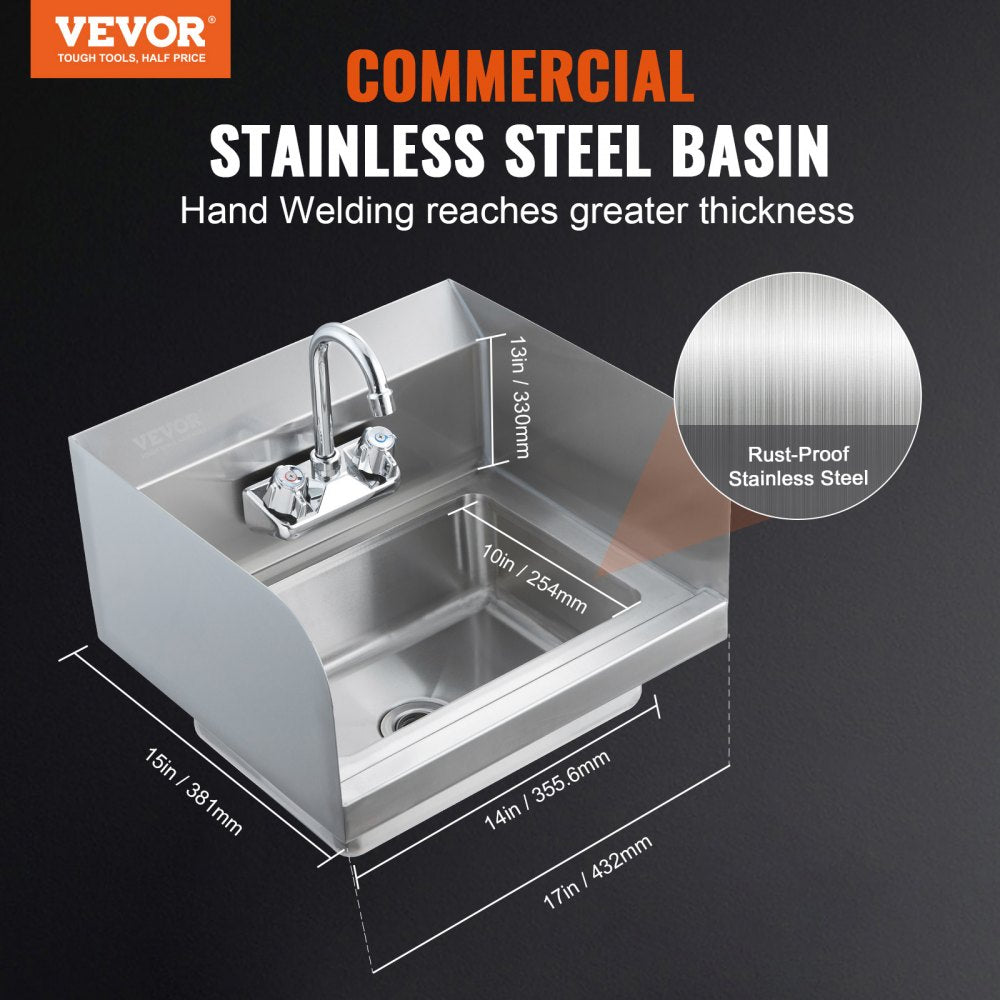 VEVOR Commercial Hand Sink with Faucet and Side Splash, Stainless Steel Sink for Washing, Small Hand Washing Sink, Wall
