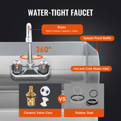VEVOR Commercial Hand Sink with Faucet and Side Splash, Stainless Steel Sink for Washing, Small Hand Washing Sink, Wall