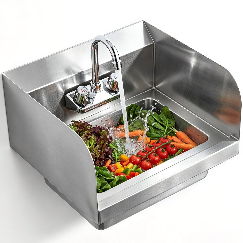 VEVOR Commercial Hand Sink with Faucet and Side Splash, Stainless Steel Sink for Washing, Small Hand Washing Sink, Wall
