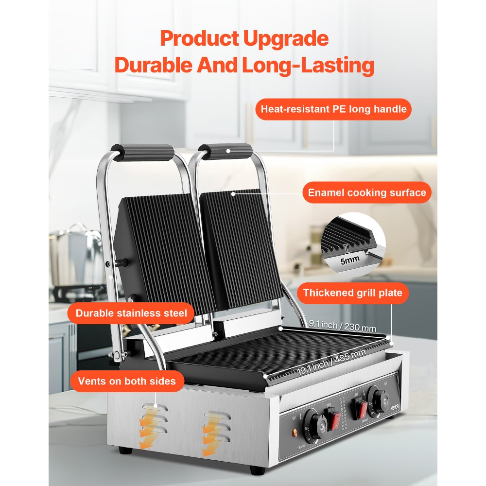 VEVOR Commercial Panini Grill, 3600W Electric Sandwich Panini Maker, Stainless Steel Double Sandwichs Press with Handle