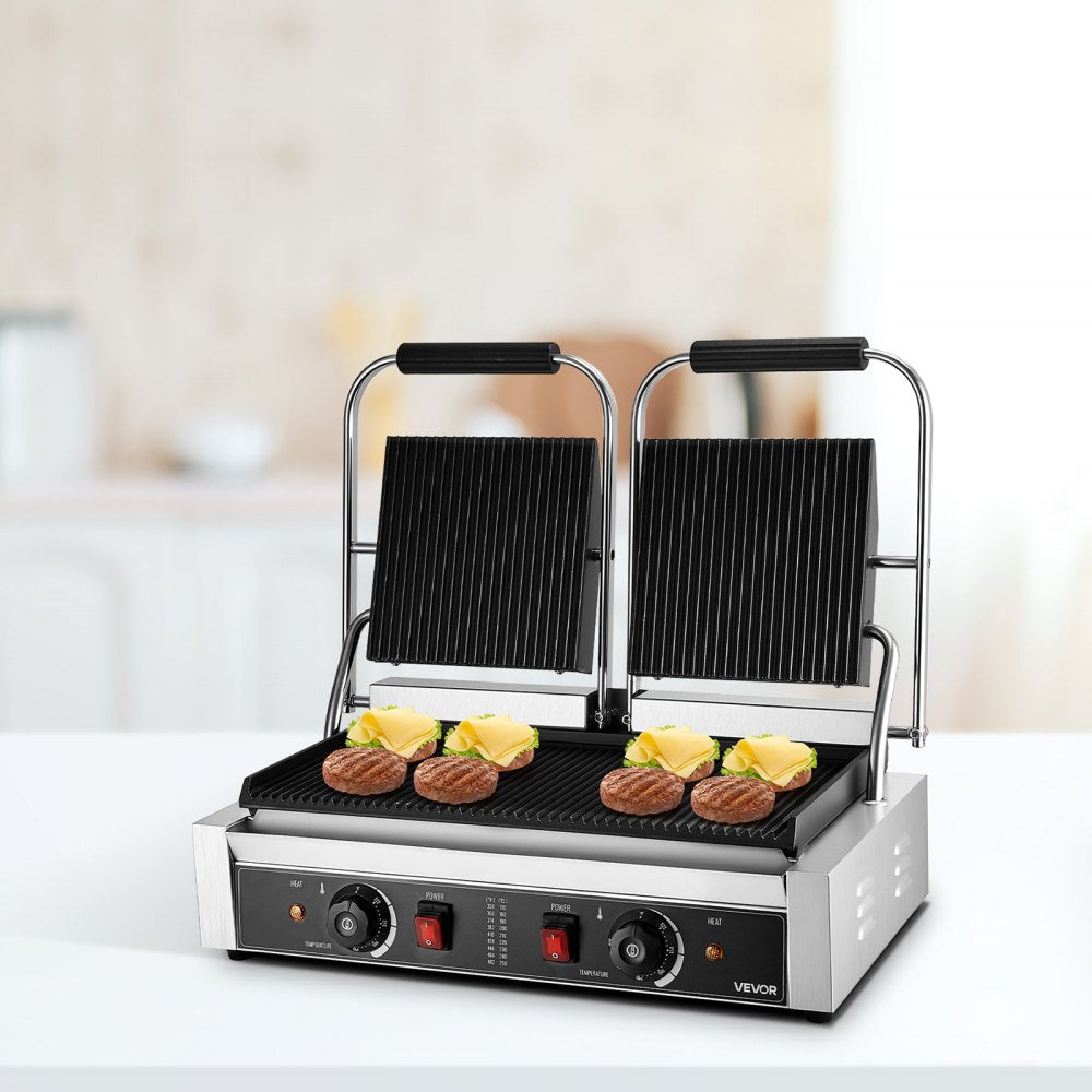 VEVOR Commercial Panini Grill, 3600W Electric Sandwich Panini Maker, Stainless Steel Double Sandwichs Press with Handle