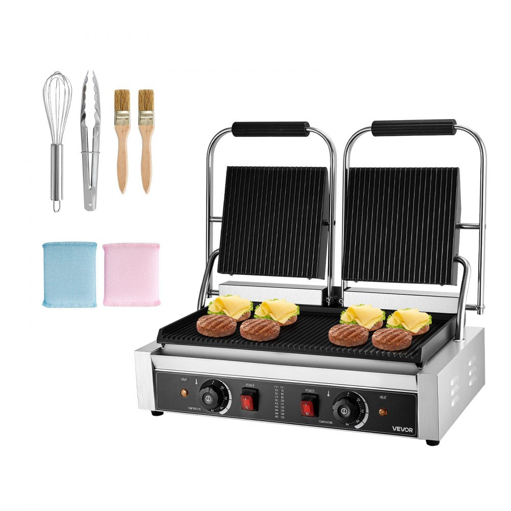 VEVOR Commercial Panini Grill, 3600W Electric Sandwich Panini Maker, Stainless Steel Double Sandwichs Press with Handle