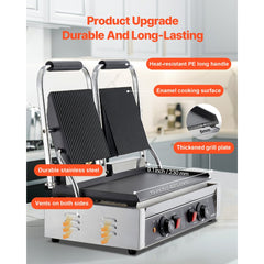 VEVOR Commercial Panini Grill, 3600W Electric Sandwich Panini Maker, Stainless Steel Double Sandwichs Press Grill with