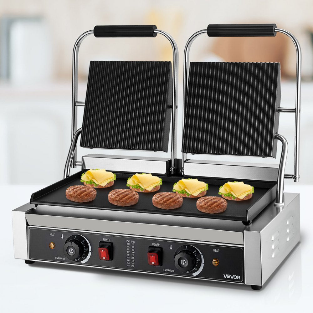 VEVOR Commercial Panini Grill, 3600W Electric Sandwich Panini Maker, Stainless Steel Double Sandwichs Press Grill with
