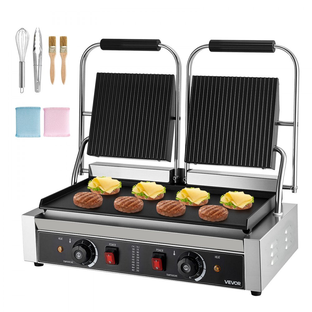 VEVOR Commercial Panini Grill, 3600W Electric Sandwich Panini Maker, Stainless Steel Double Sandwichs Press Grill with