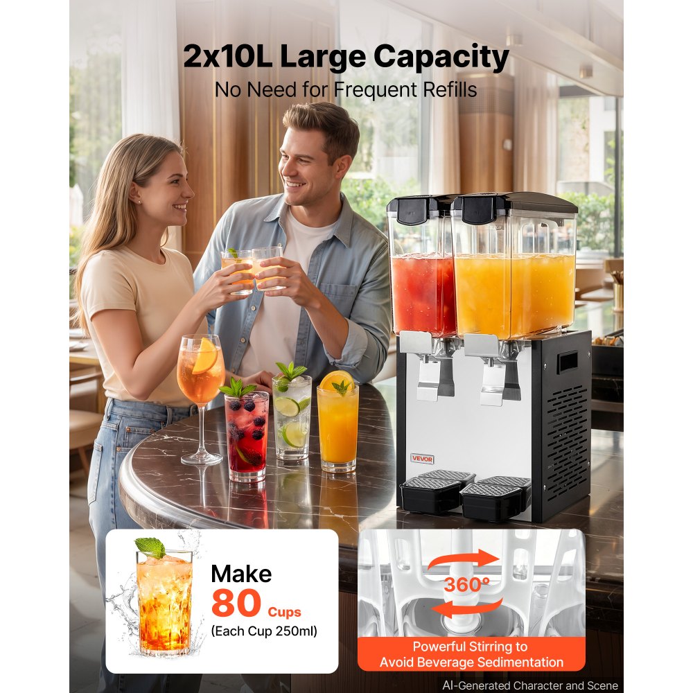 VEVOR Commercial Beverage Dispenser 2 Tanks 10 L / 10.6 QT Per Tank, Stainless Steel Juice Dispenser, Ice Tea Drink