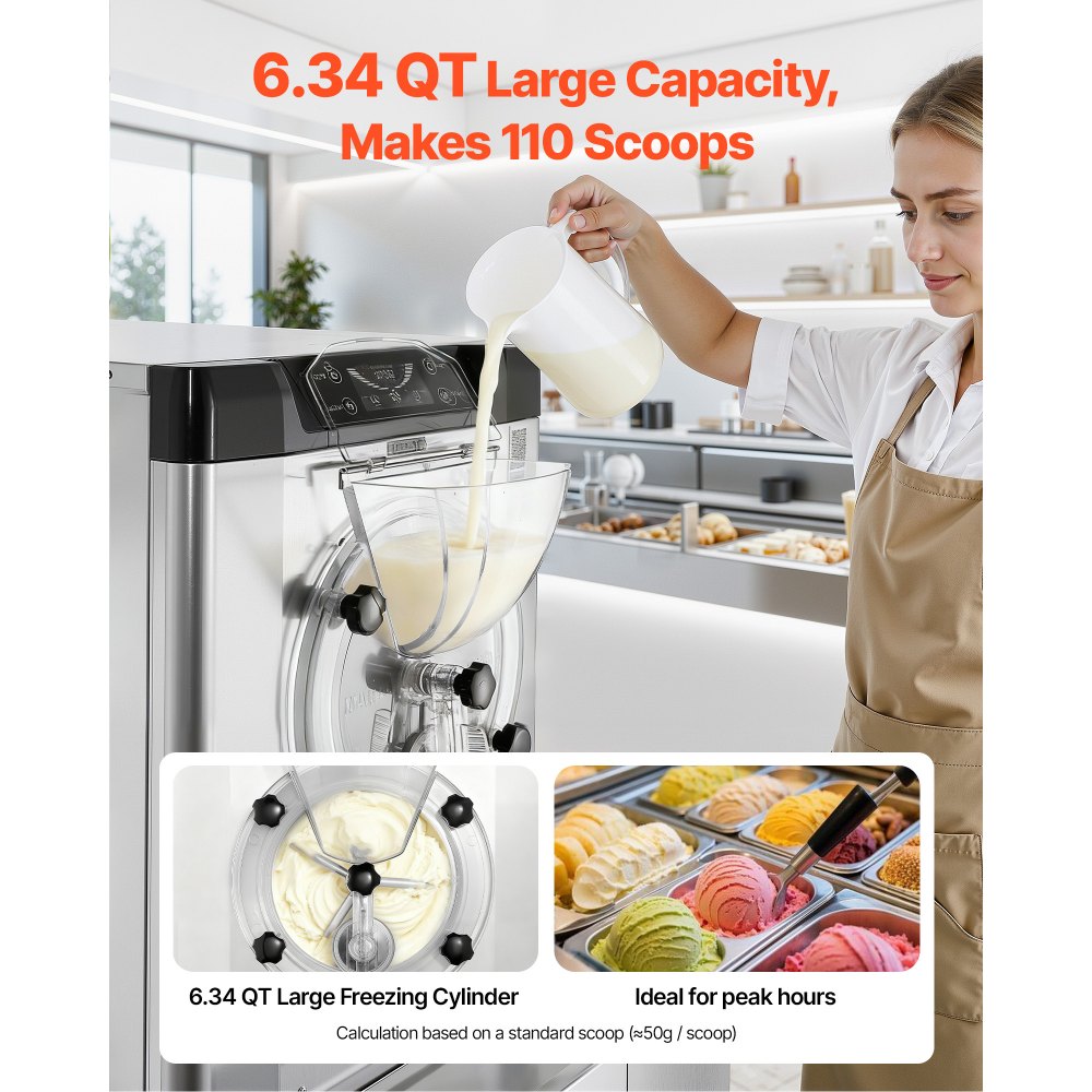 VEVOR Commercial Hard Ice Cream Machine, 2000W 3.17-5.28 Gal/Hour, Countertop Gelato Hard Serve Ice Cream Maker with 6L