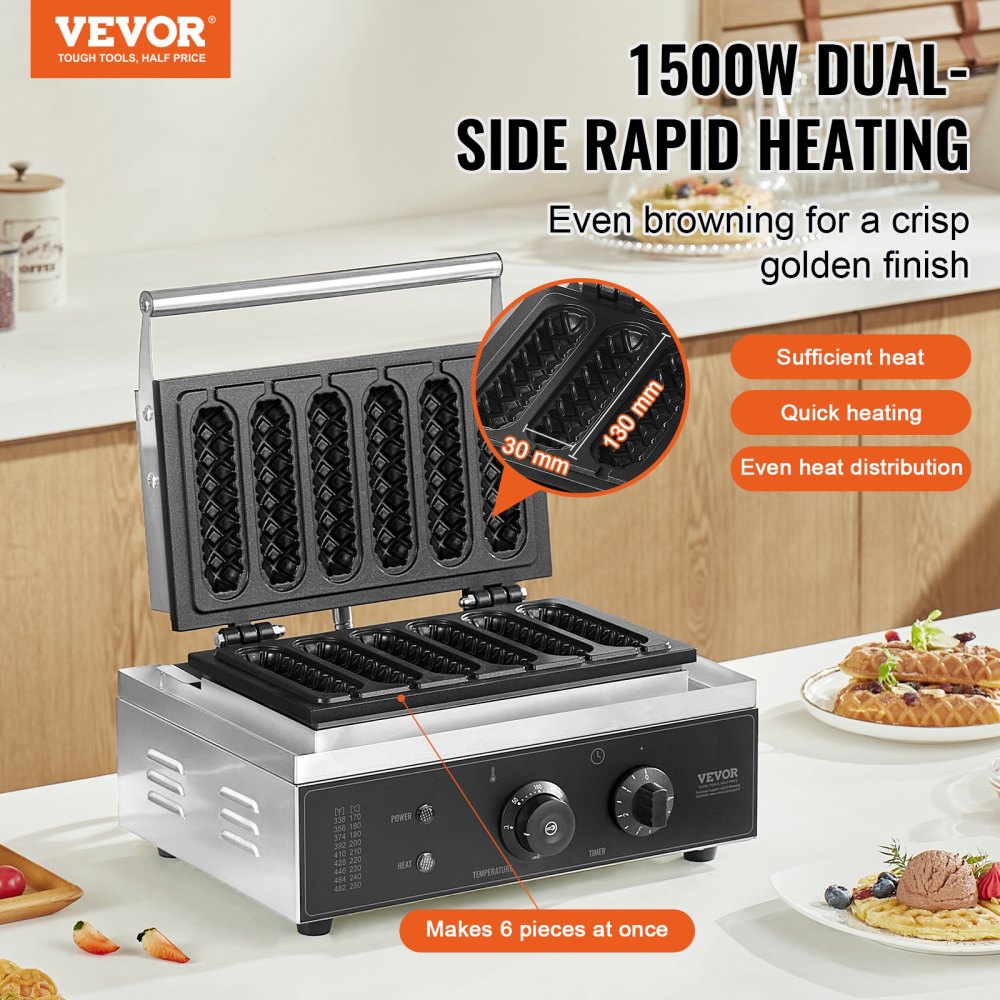VEVOR Commercial Waffle Stick Maker, 6PCS 1500W Waffle Baker Machine, Non-Stick Stainless Steel Corn Hot Dog Waffle