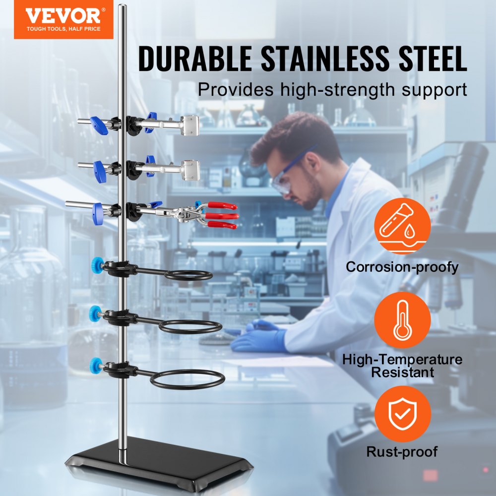 VEVOR Lab Stand Support, Laboratory Retort Support Stand Set, Steel Lab Stand 23.6" Rod and 8.3" x 5.3" Cast Iron Base