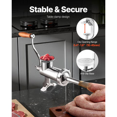 VEVOR Manual Meat Grinder, 304 Stainless Steel Hand Meat Grinder with Steel Table Clamp, Meat Mincer Sausage Maker with
