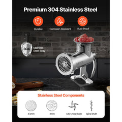 VEVOR Manual Meat Grinder, 304 Stainless Steel Hand Meat Grinder with Steel Table Clamp, Meat Mincer Sausage Maker with