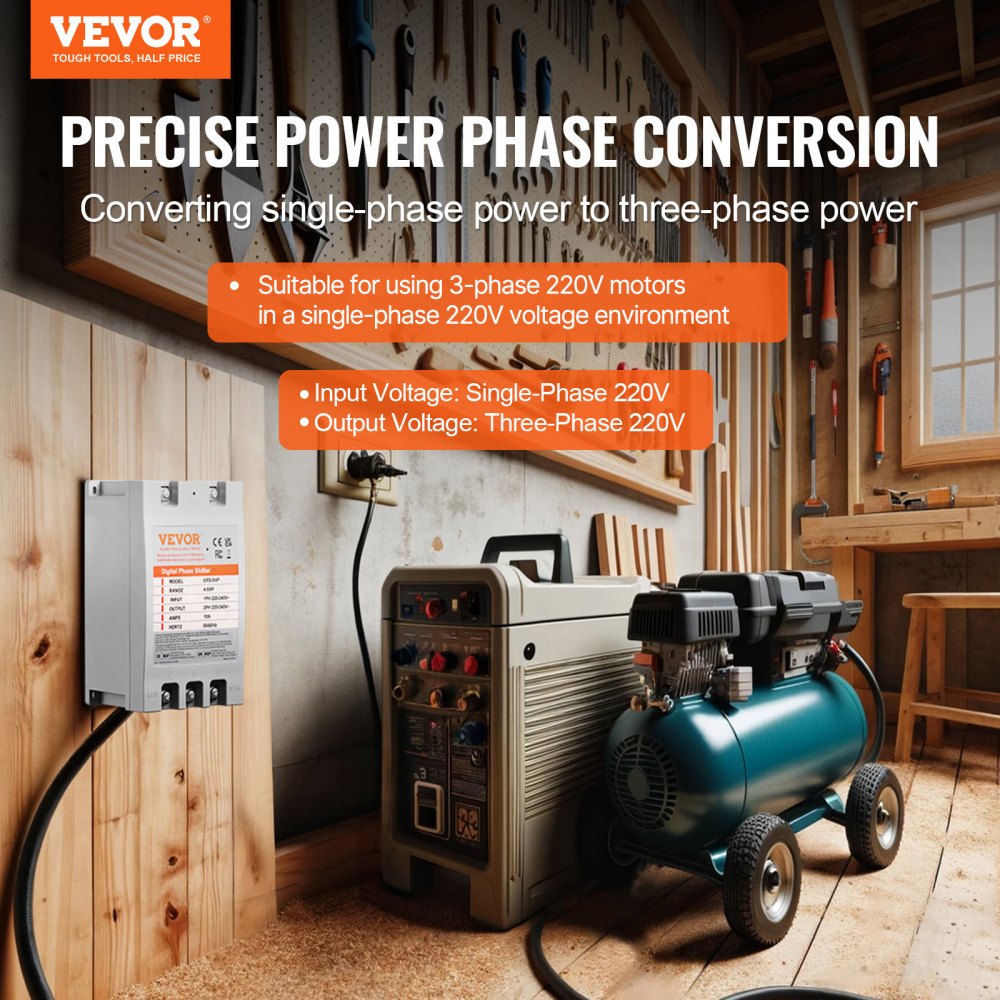 VEVOR 3 Phase Converter - 5HP 15A 220V Single Phase to 3 Phase Converter, Digital Phase Shifter for Residential and