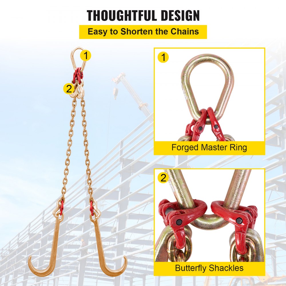 VEVOR G80 V Bridle Chain, 5/16" x 2' Towing Chain Bridle with 15" J Hooks, T Hooks & Grab Hooks, Heavy Duty Transport