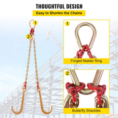 VEVOR G80 V Bridle Chain, 5/16" x 2' Towing Chain Bridle with 15" J Hooks, T Hooks & Grab Hooks, Heavy Duty Transport