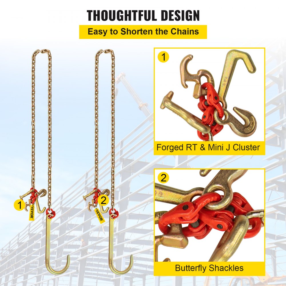 VEVOR J Hook Chain, 2PCS 5/16" x 10' G80 15" Long Shank J Hook Tow Chain with RTJ Cluster Hook & Grab Hook, 5400 lbs