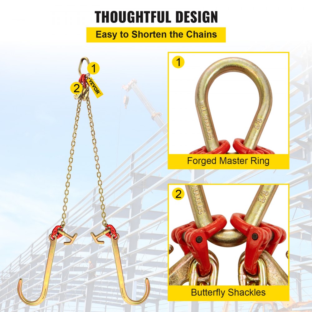 VEVOR G80 V Bridle Chain, 5/16" x 2' Towing Chain Bridle with 15" J Hooks, R Hooks & Grab Hooks, Heavy Duty Transport