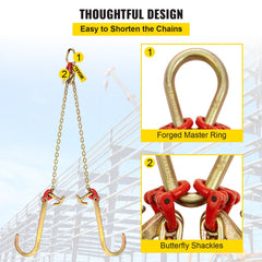 VEVOR G80 V Bridle Chain, 5/16" x 2' Towing Chain Bridle with 15" J Hooks, R Hooks & Grab Hooks, Heavy Duty Transport