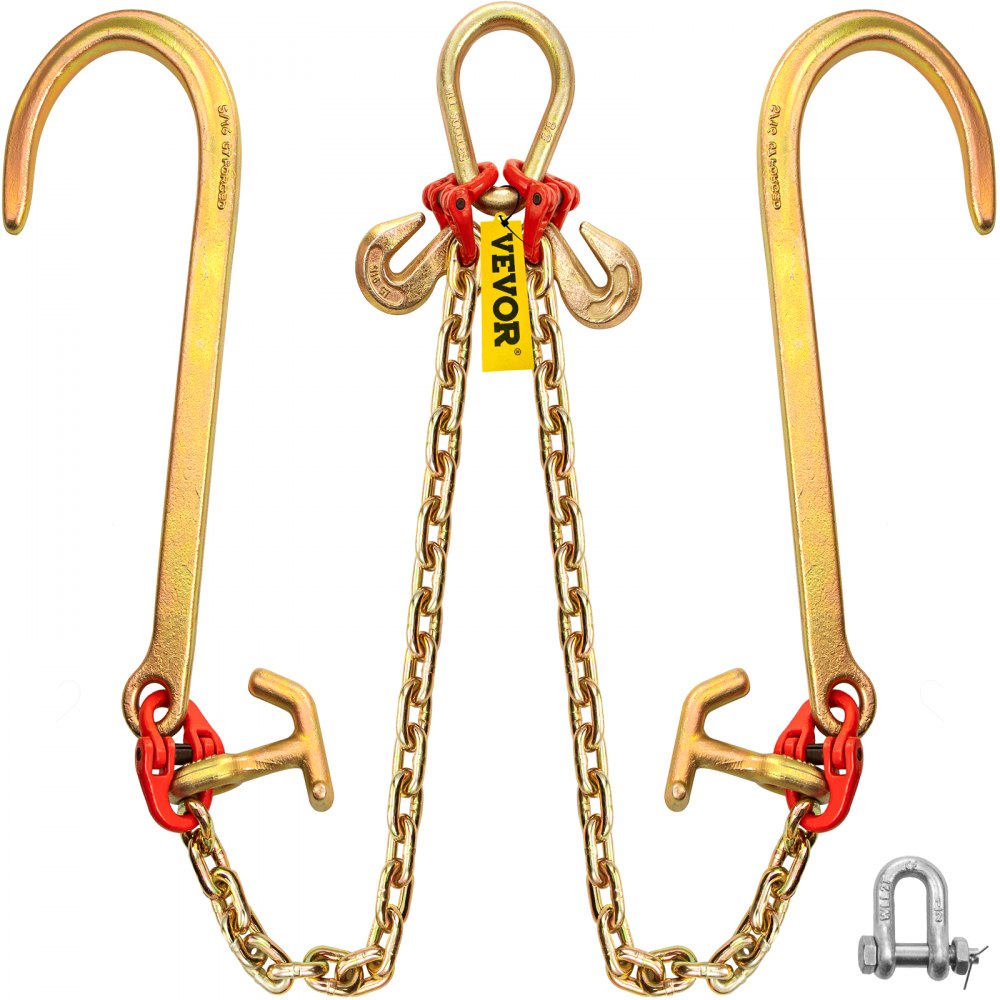 VEVOR G80 V Bridle Chain, 5/16" x 2' Towing Chain Bridle with 15" J Hooks, R Hooks & Grab Hooks, Heavy Duty Transport