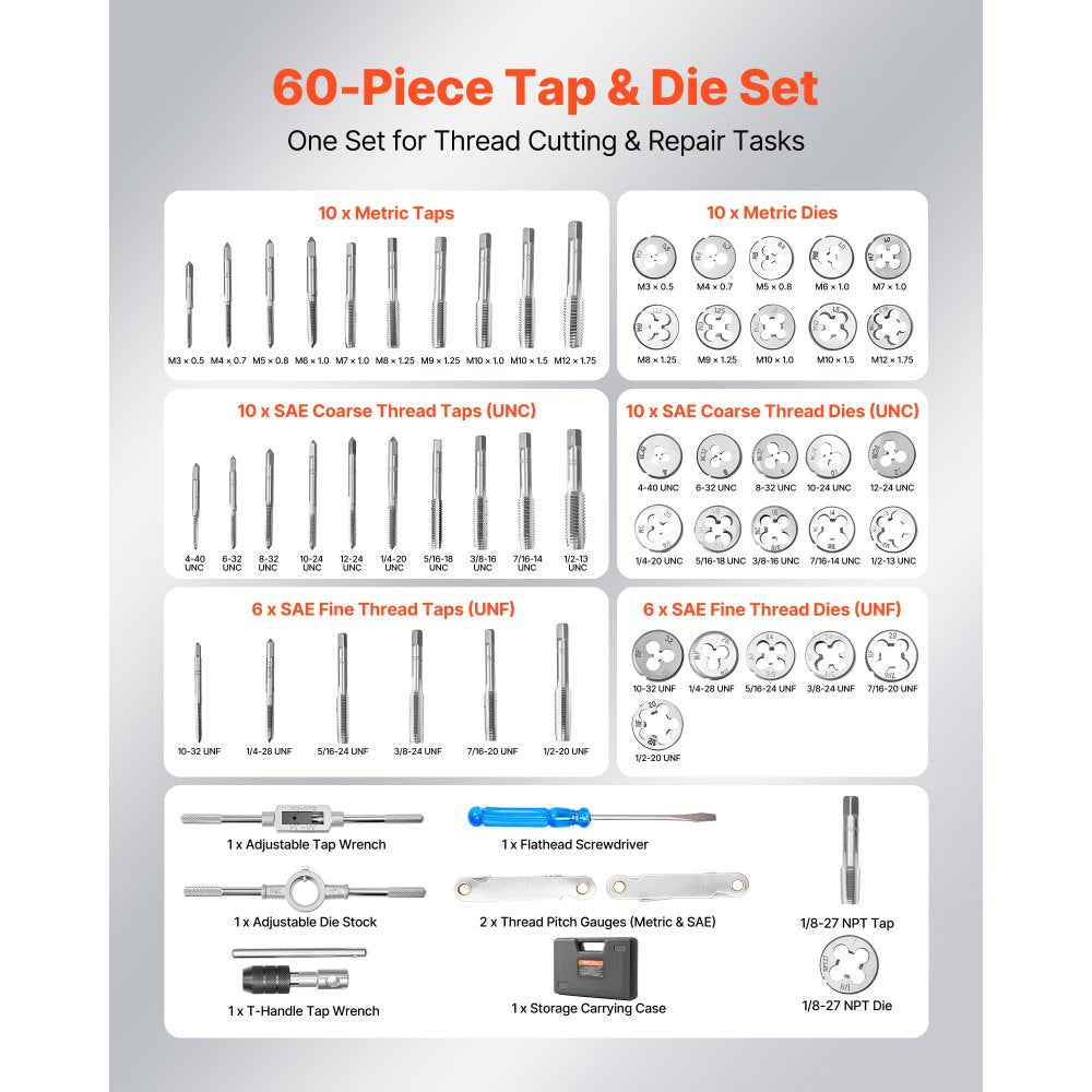 VEVOR Tap and Die Set, 60-Piece Metric and SAE Sizes M3 to M12, #4 to 1/2", with Coarse and Fine Thread Taps and Dies