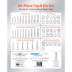 VEVOR Tap and Die Set, 60-Piece Metric and SAE Sizes M3 to M12, #4 to 1/2", with Coarse and Fine Thread Taps and Dies