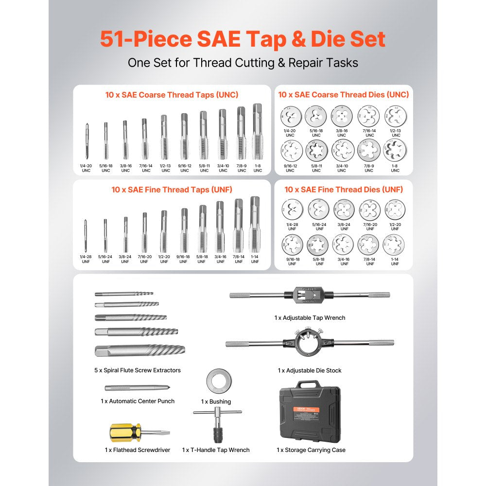 VEVOR Tap and Die Set, 51-Piece SAE Sizes 1/4" to 1", with Coarse and Fine Thread Taps and Dies, Wrench, Carrying Case