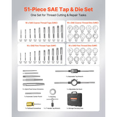 VEVOR Tap and Die Set, 51-Piece SAE Sizes 1/4" to 1", with Coarse and Fine Thread Taps and Dies, Wrench, Carrying Case