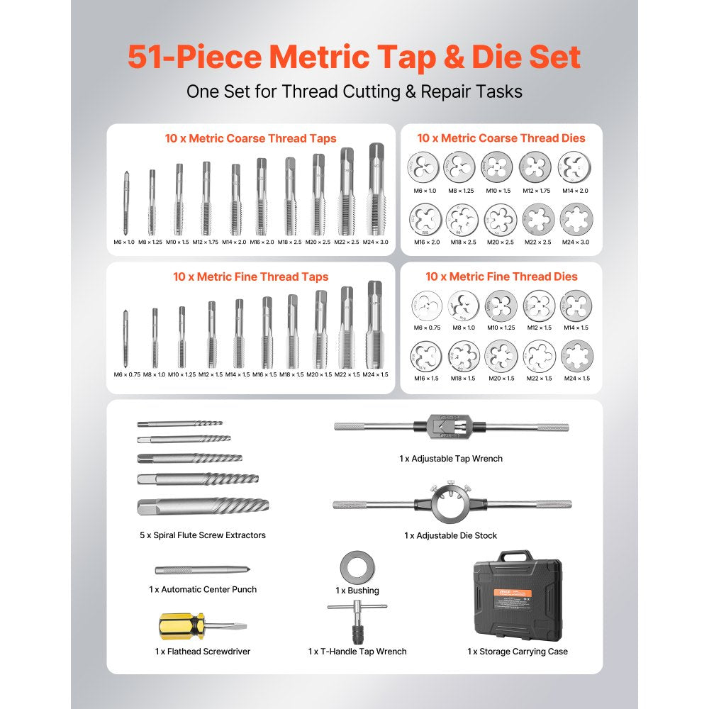 VEVOR Tap and Die Set, 51-Piece Metric Sizes M6 to M24, with Coarse and Fine Thread Taps and Dies, Wrench, Carrying