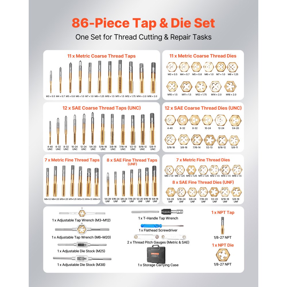 VEVOR Tap and Die Set, 86-Piece Metric and SAE Sizes M3 to M12, #4 to 5/8", with Coarse and Fine Thread Taps and Dies