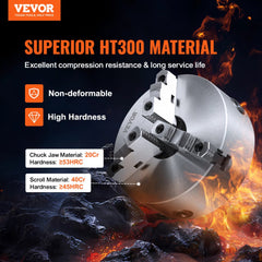 VEVOR 3-Jaw Lathe Chuck, 10'', Self-Centering Lathe Chuck, 0.24-9.84 in/6-250 mm Clamping Range with T-key Fixing