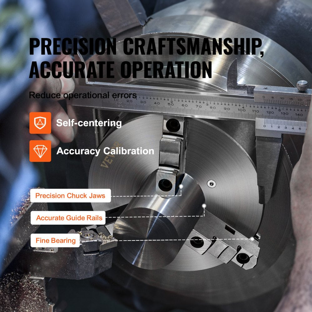 VEVOR 3-Jaw Lathe Chuck, 10'', Self-Centering Lathe Chuck, 0.24-9.84 in/6-250 mm Clamping Range with T-key Fixing
