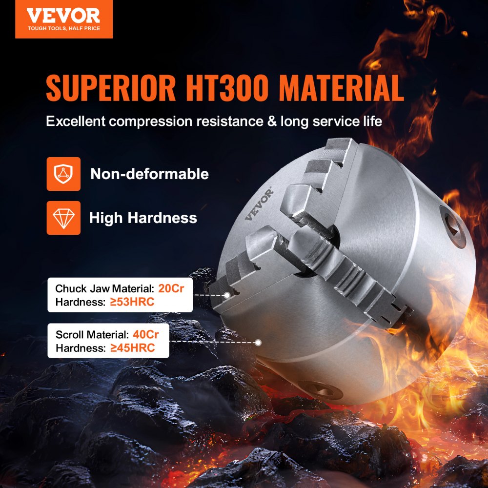 VEVOR 3-Jaw Lathe Chuck, 6'', Self-Centering Lathe Chuck, 0.14- 6.3 in/3.5-160 mm Clamping Range with T-key Fixing