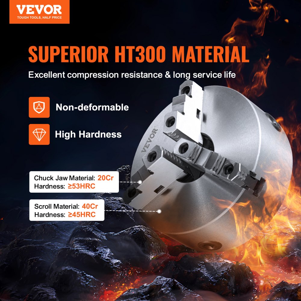 VEVOR 3-Jaw Lathe Chuck, 8'', Self-Centering Lathe Chuck, 0.16-8 in/4-200 mm Clamping Range with T-key Fixing Screws